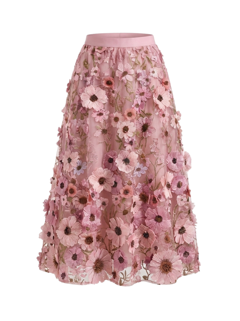 Carmelia Floral Overlay Midi Skirt (Pink)