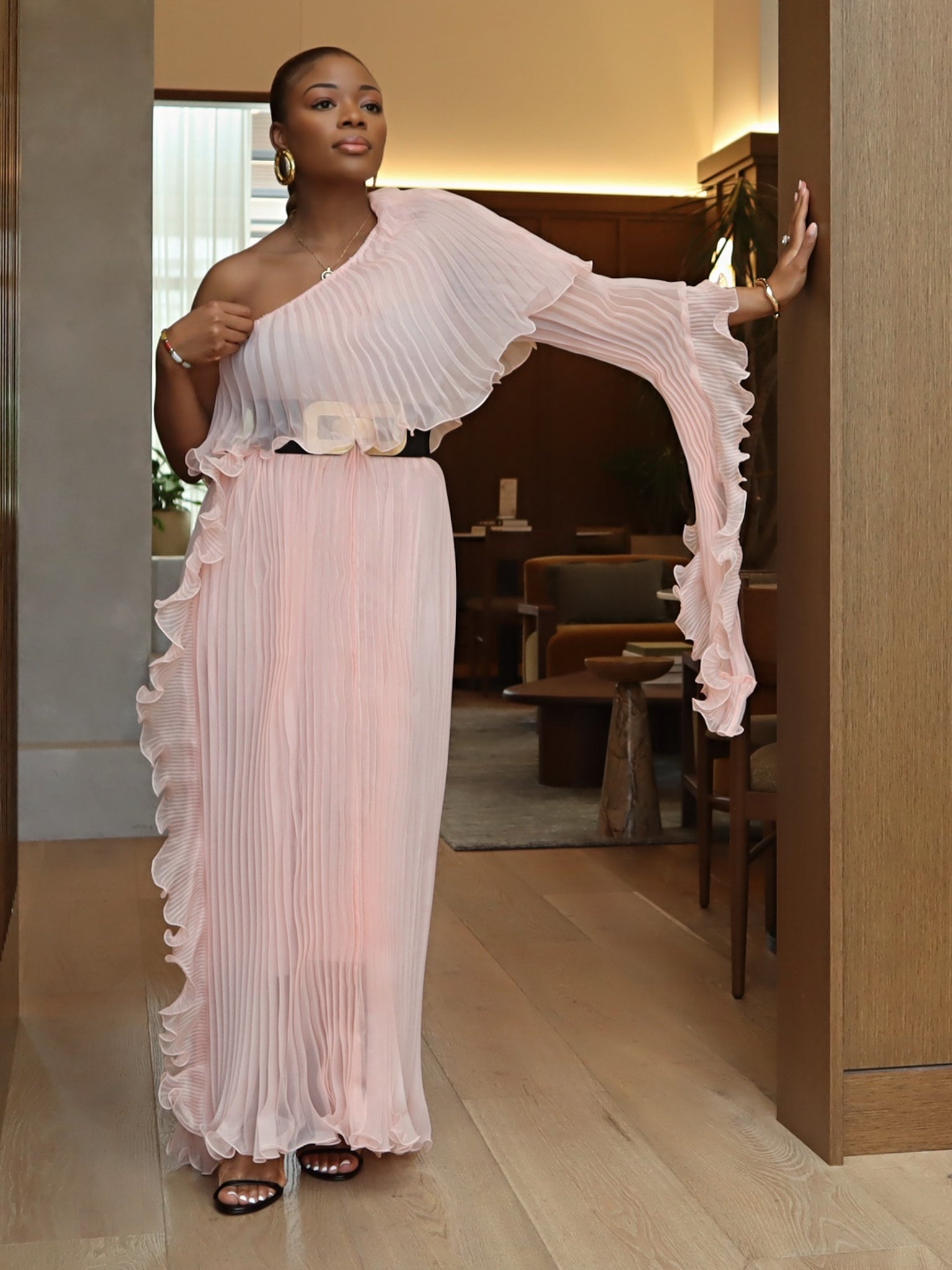 Zuri Asymmetrical Ruffle Dress (Blush Pink)