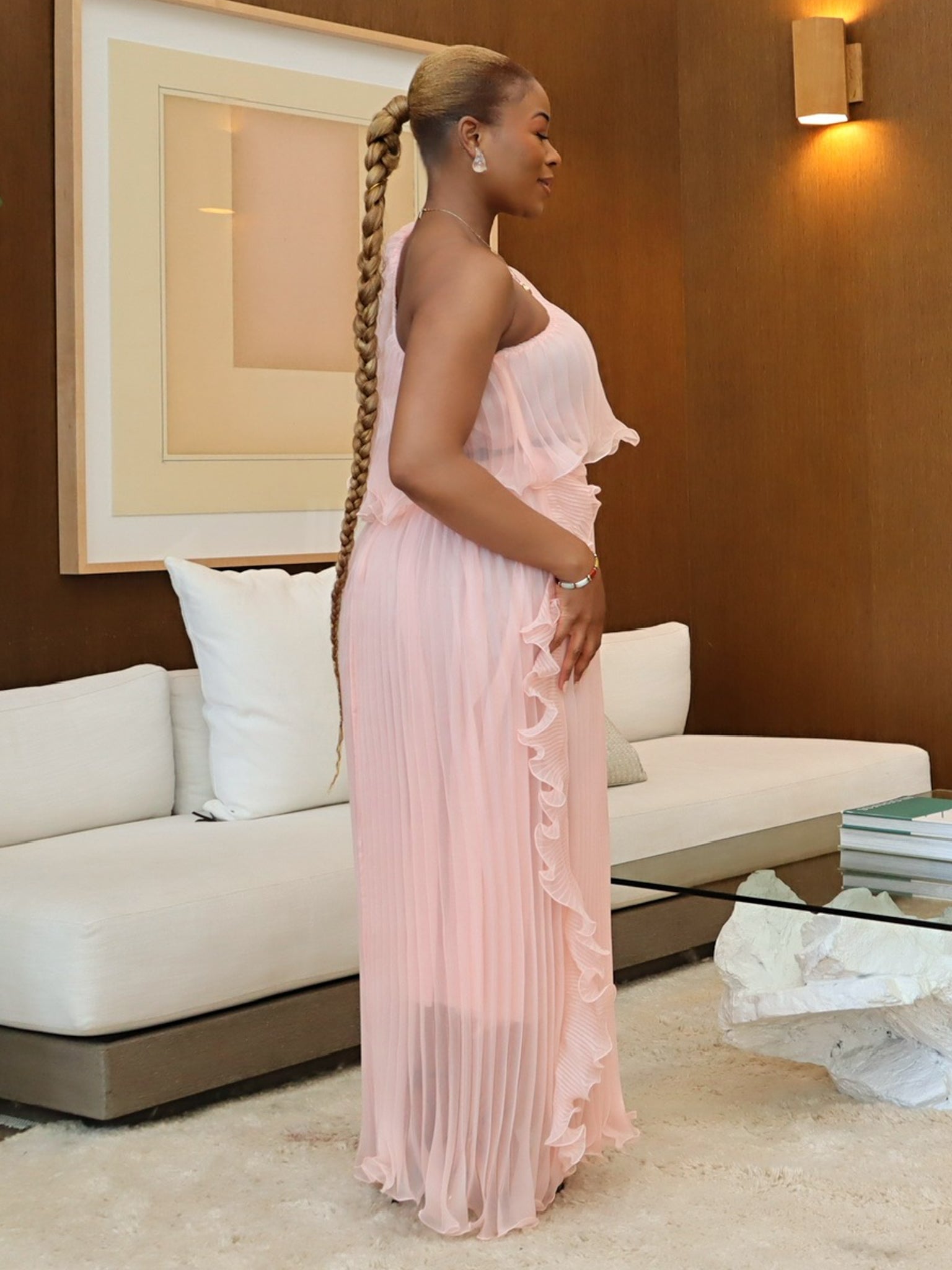 Zuri Asymmetrical Ruffle Dress (Blush Pink)