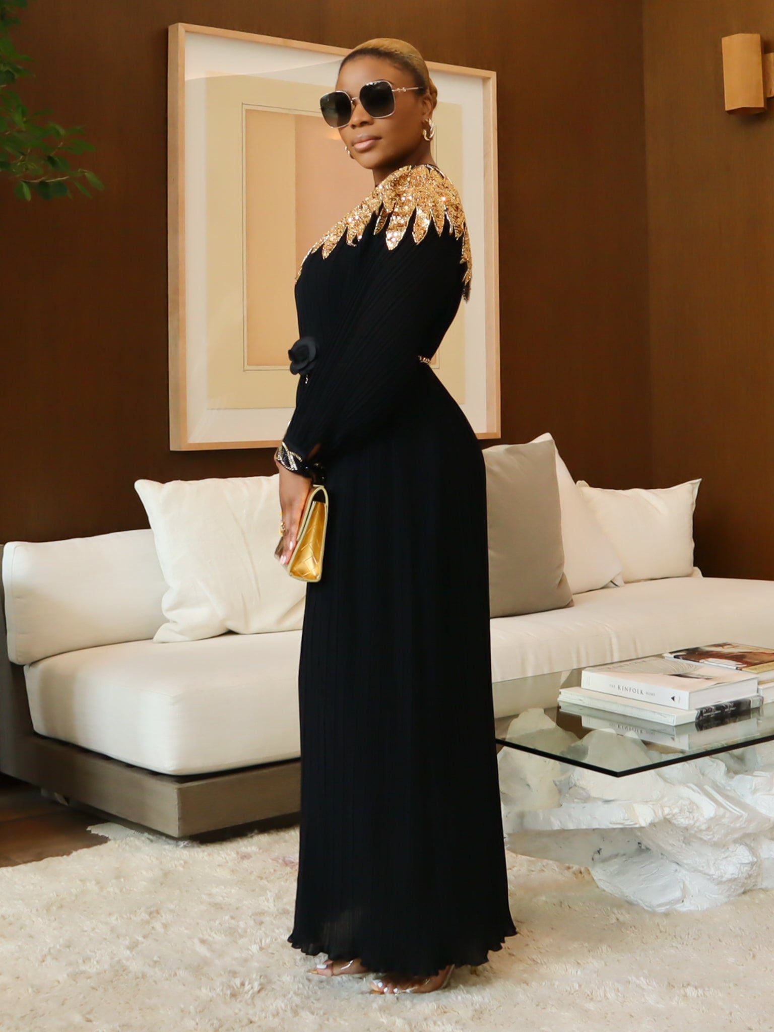 Black Maxi Dress with Gold Embellished Detailing