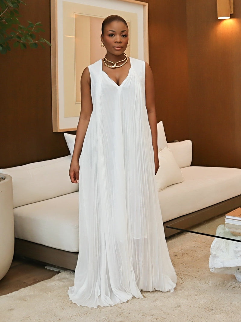 Clara V-Neck Pleated Dress (White)