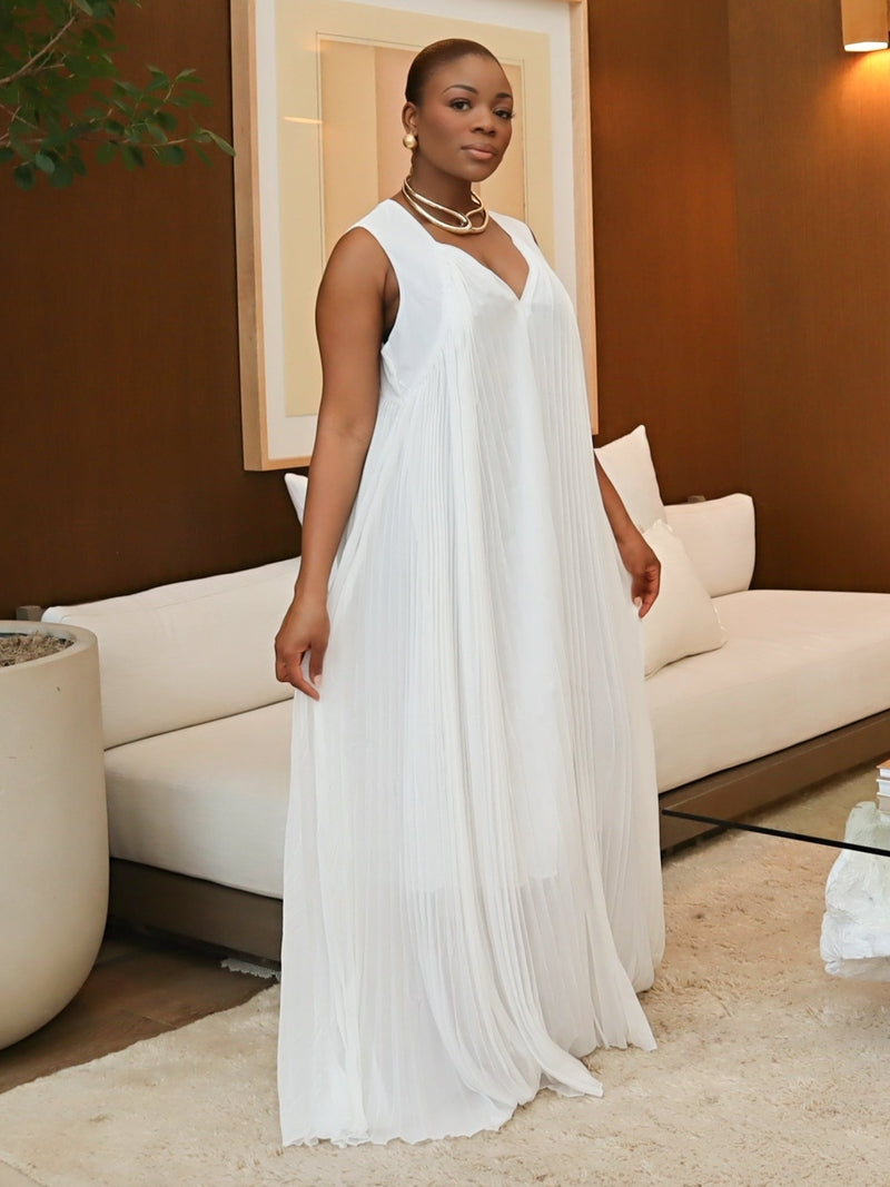 Clara V-Neck Pleated Dress (White)
