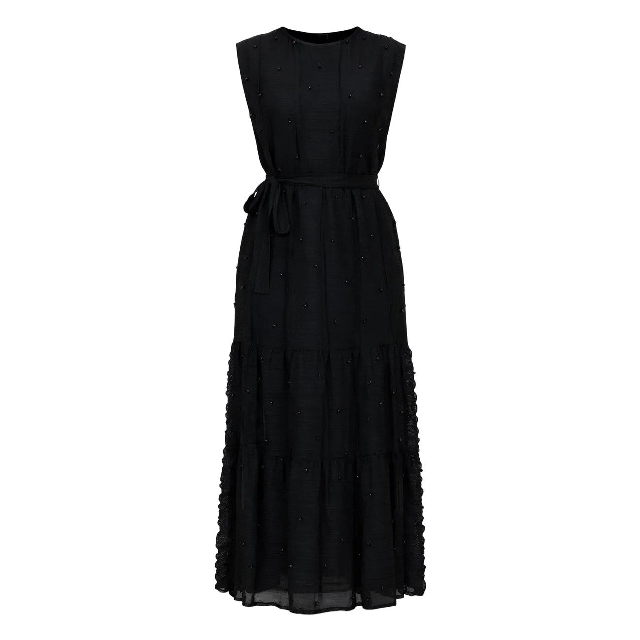 Ernest Midi Dress – Black, Pleated, Stretch Fabric with Belt