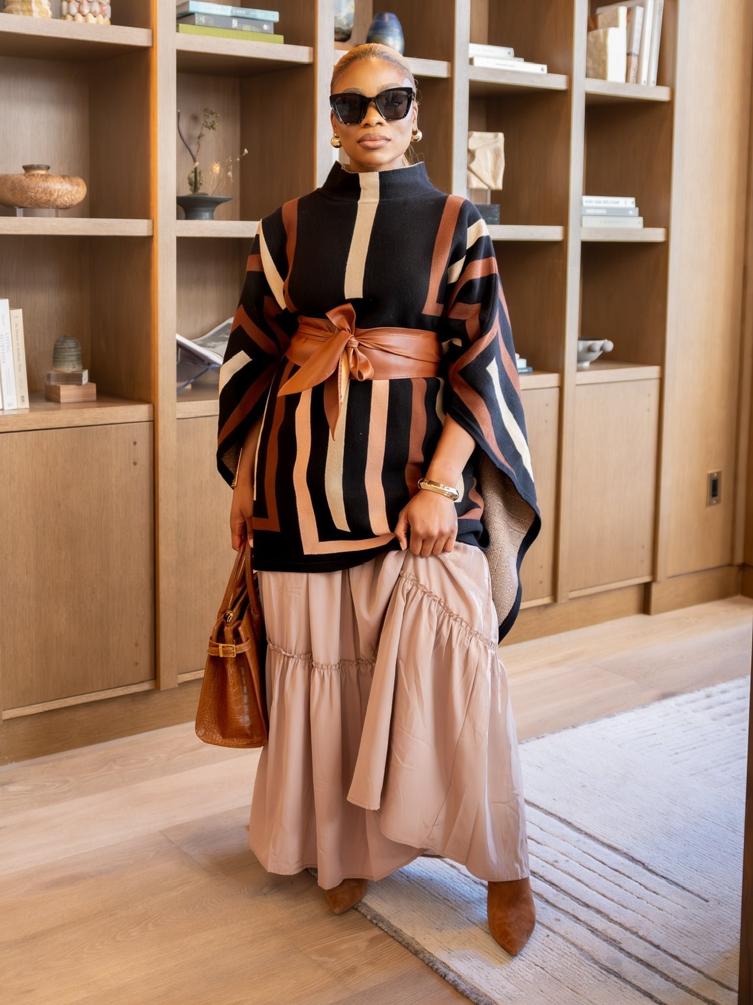 Viola Knit Poncho Set (Brown - Multi)