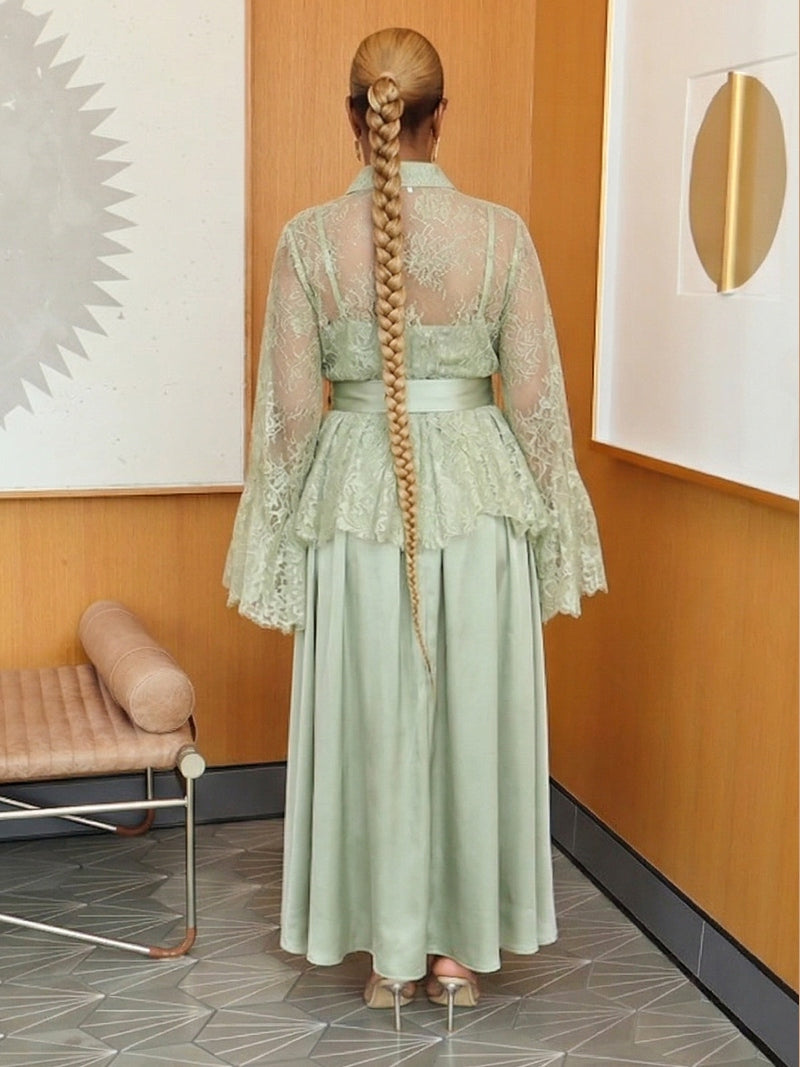 Black Lace Blouse & Satin Skirt Set