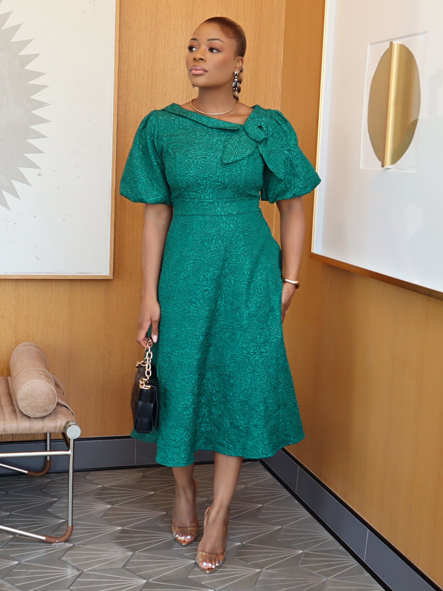 Emilia Puff Sleeve Bow Dress (Green)