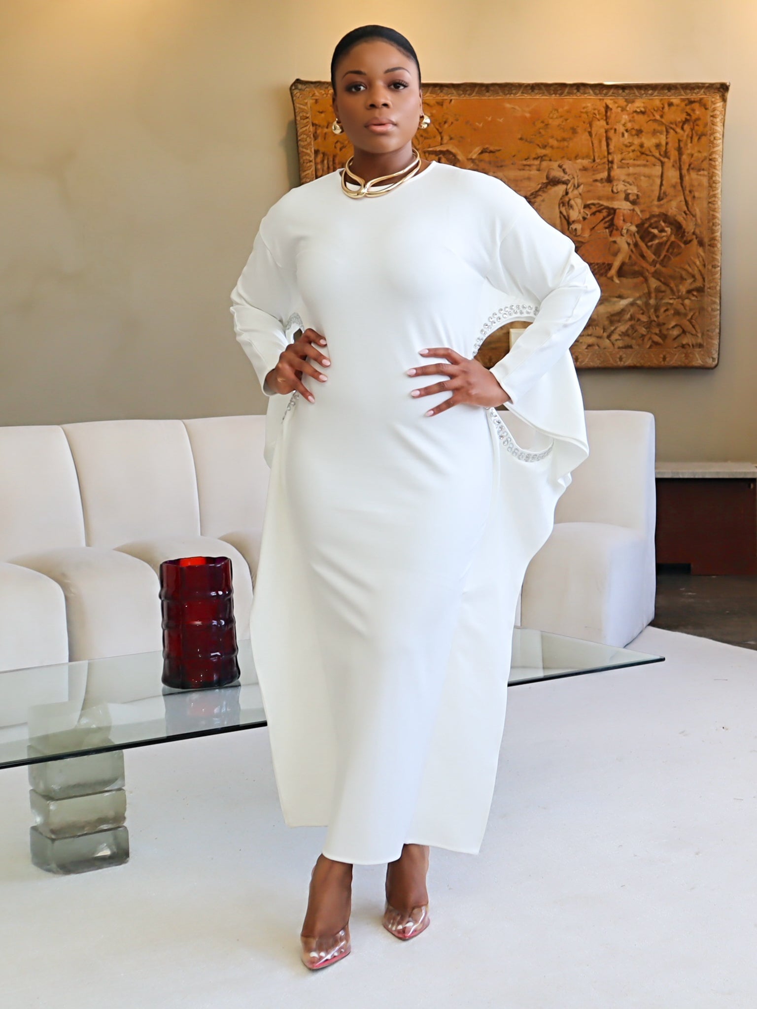 Adrienne Rhinestone Crepe Dress (Off-White)