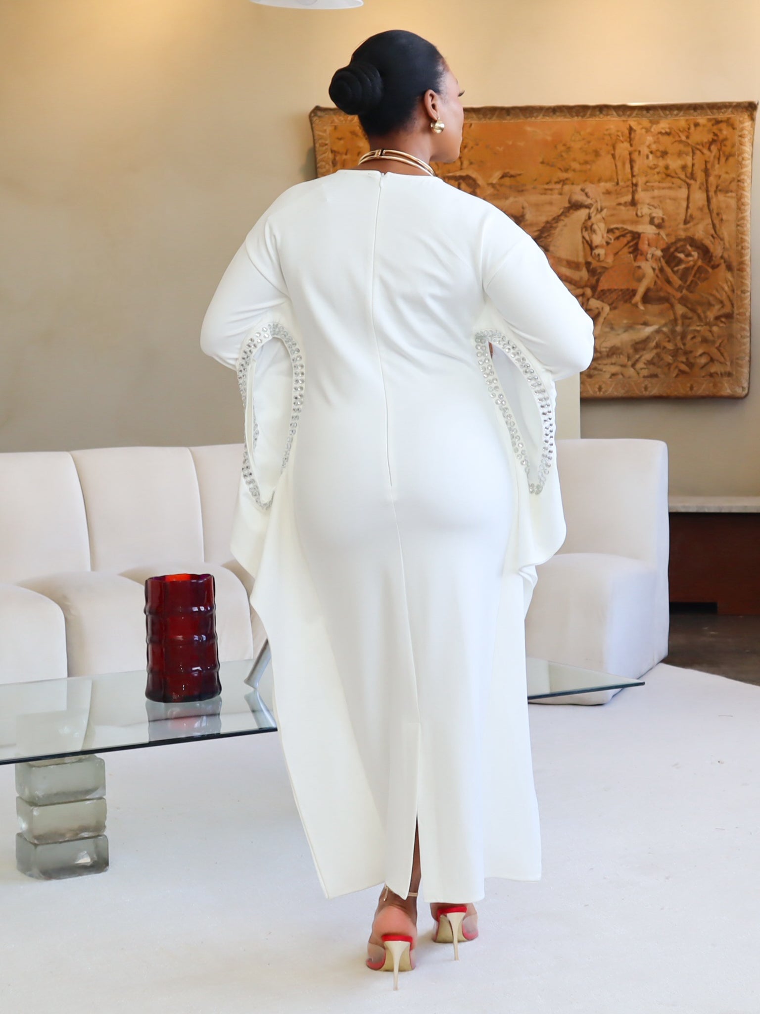 Adrienne Rhinestone Crepe Dress (Off-White)