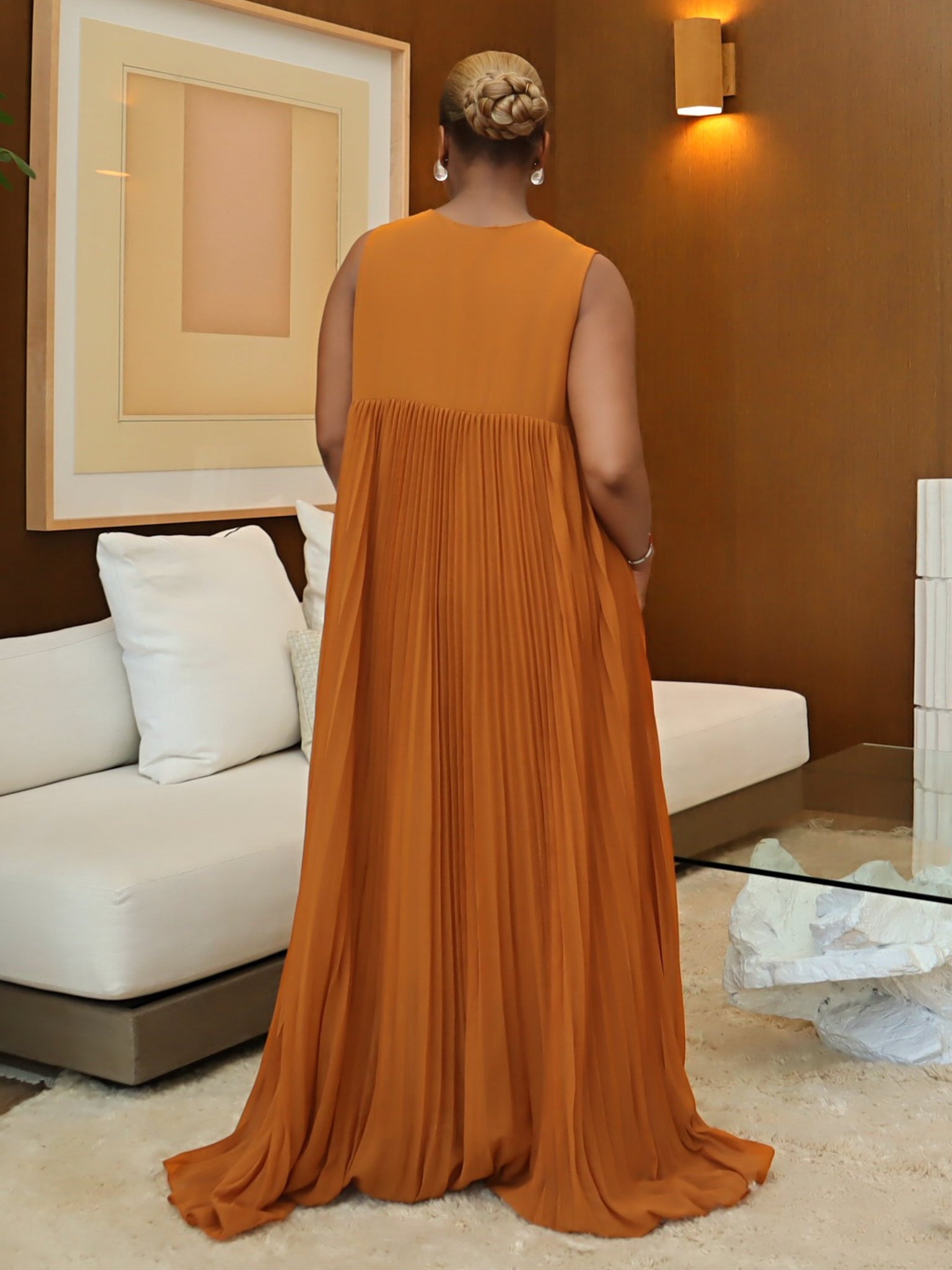 Clara V-Neck Pleated Dress (Coffee)