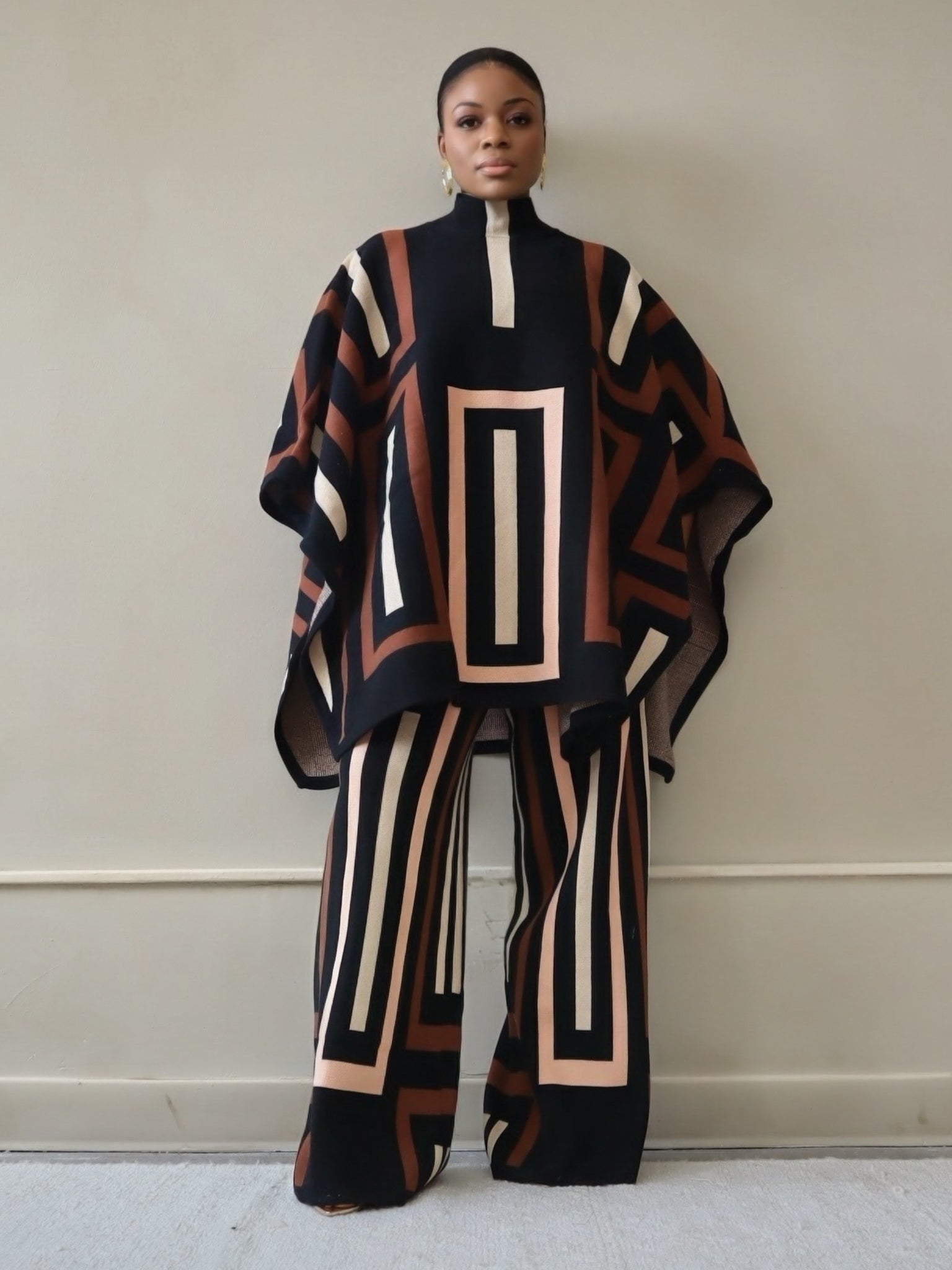 Viola Knit Poncho Set (Brown - Multi)