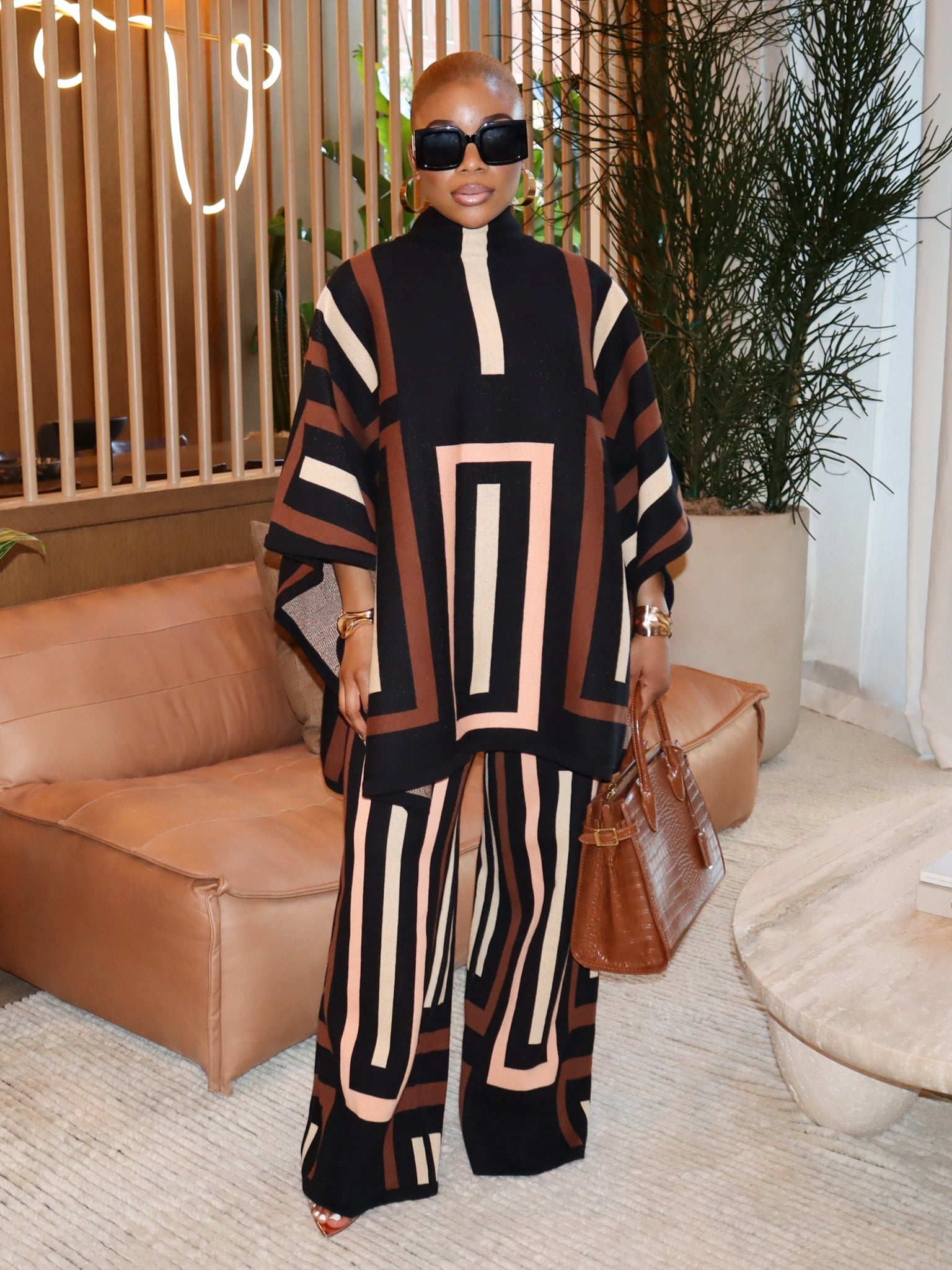 Viola Knit Poncho Set (Brown - Multi)