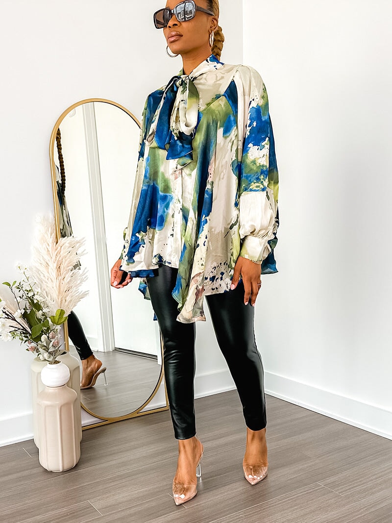 Robyn Neck-Tie Print Top (Cream Print) - Ninth and Maple Top