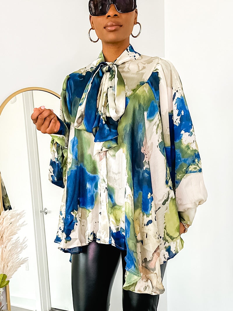 Robyn Neck-Tie Print Top (Cream Print) - Ninth and Maple Top