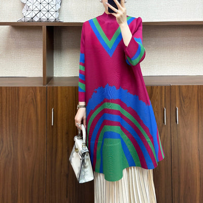 Loose and fashionable women's high neck mid length dress high neck new rainbow skirt