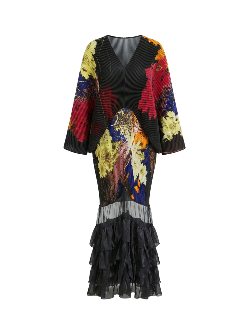 Irène Multicolor Midi Dress with Sheer Hem