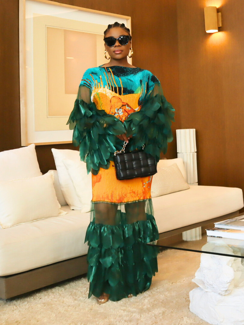 Ivy Print Maxi Dress with Sheer Ruffle Detail