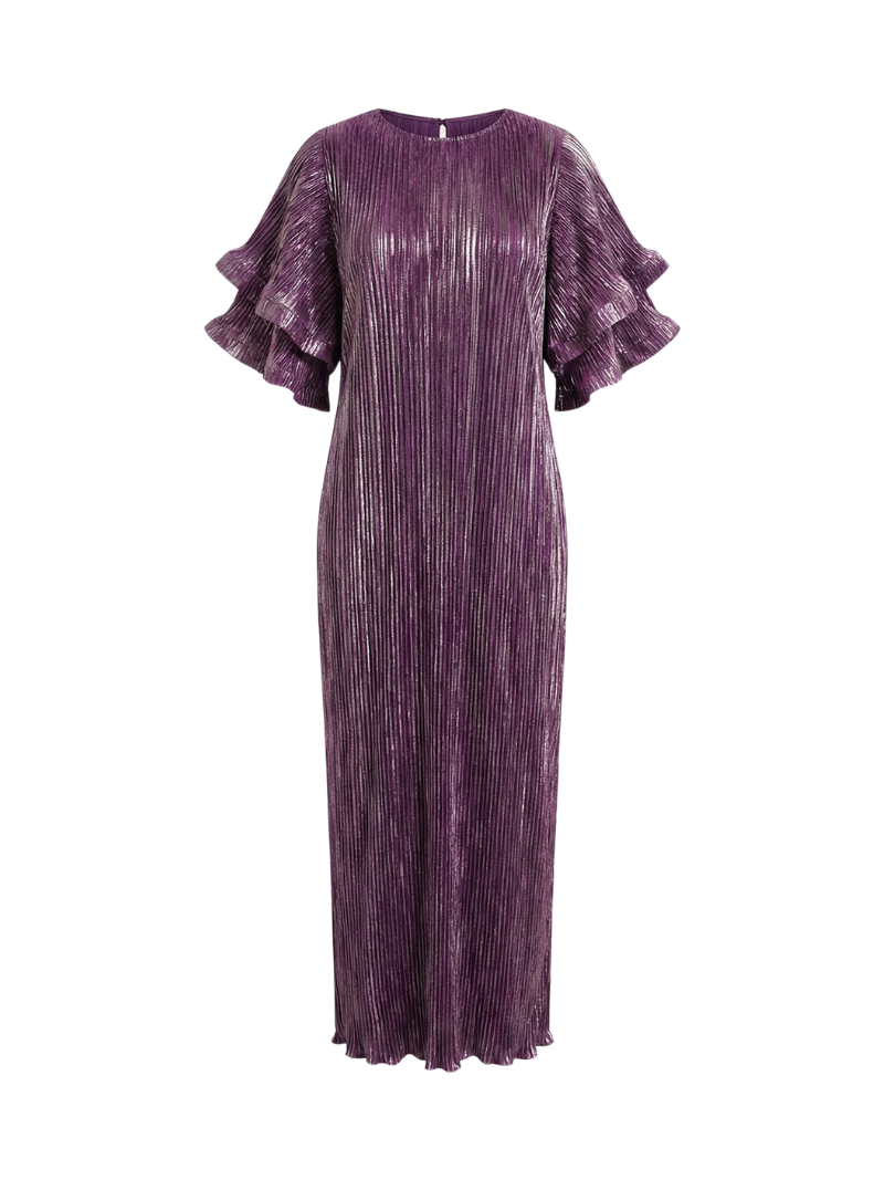 Ruffled Sleeve Maxi Pleated Dress Purple