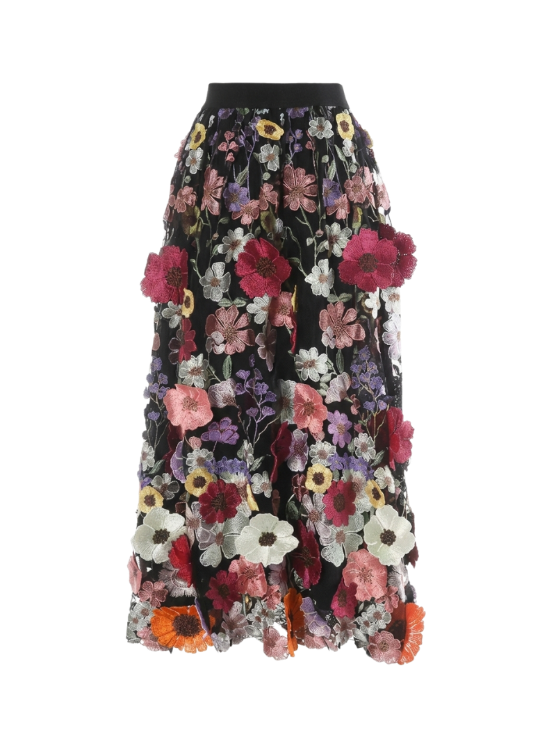 Carmelia Floral Overlay Midi Skirt (Black)