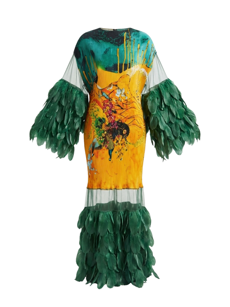 Ivy Print Maxi Dress with Sheer Ruffle Detail