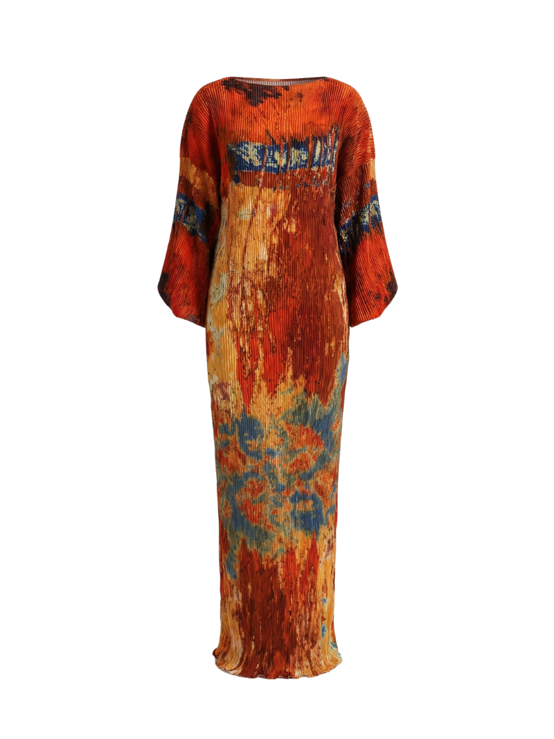 strapless open back dress Arianne Pleated Maxi Dress with Abstract Print