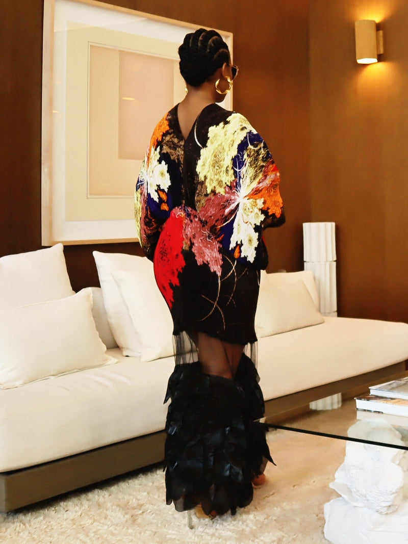 Irène Multicolor Midi Dress with Sheer Hem