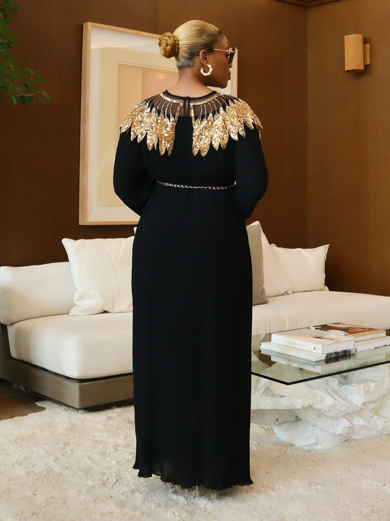 Black Maxi Dress with Gold Embellished Detailing