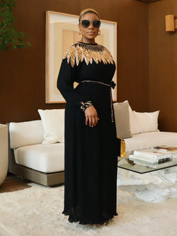 Black Maxi Dress with Gold Embellished Detailing