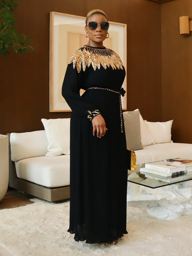 Black Maxi Dress with Gold Embellished Detailing