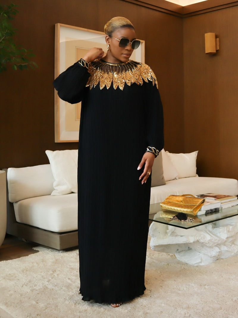 Black Maxi Dress with Gold Embellished Detailing