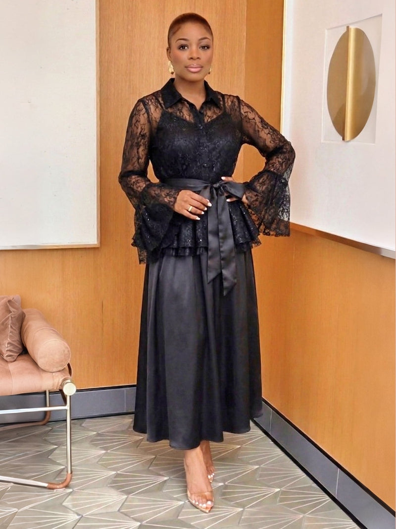 Black Lace Blouse & Satin Skirt Set