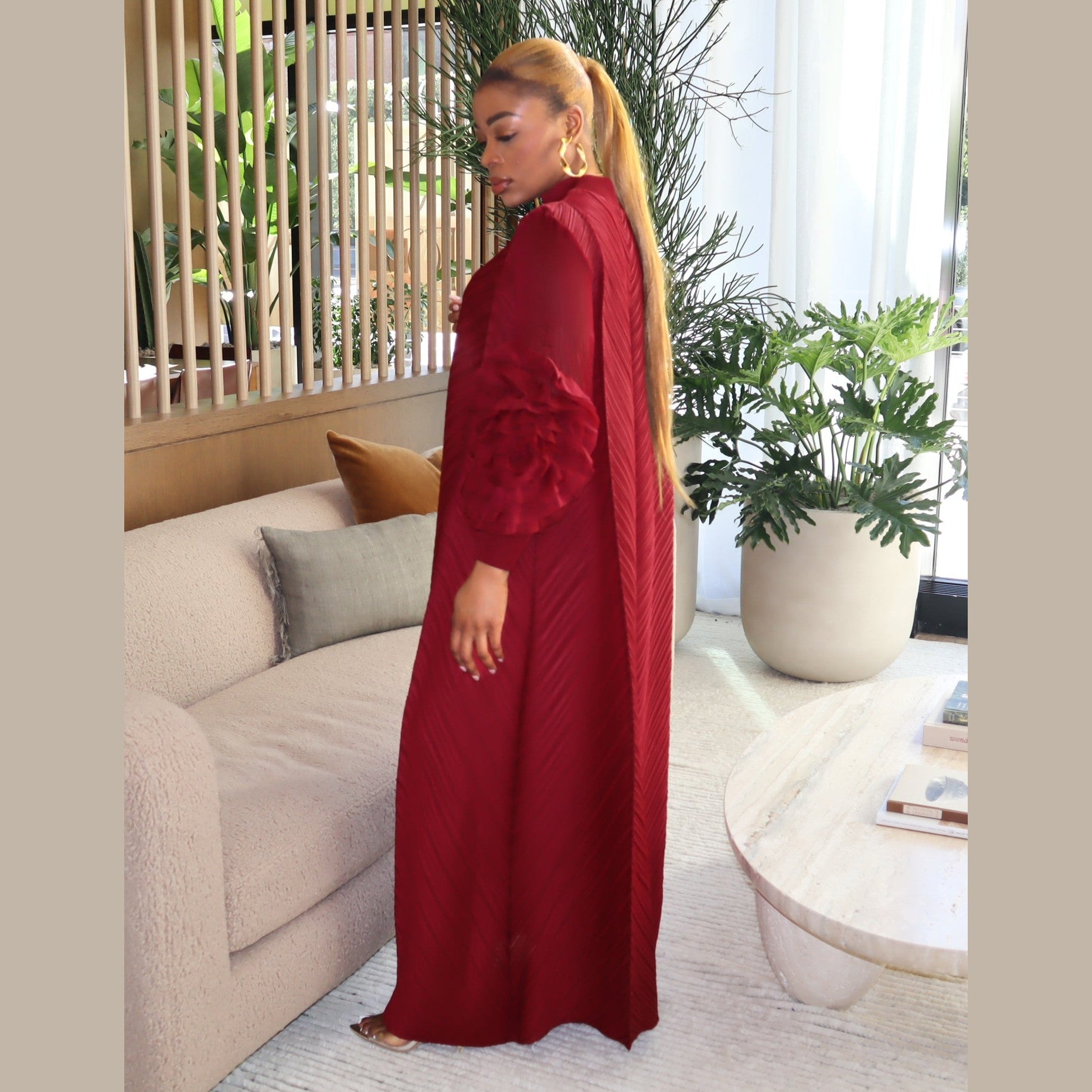 Cece Pleated Bat-Sleeve Maxi Dress