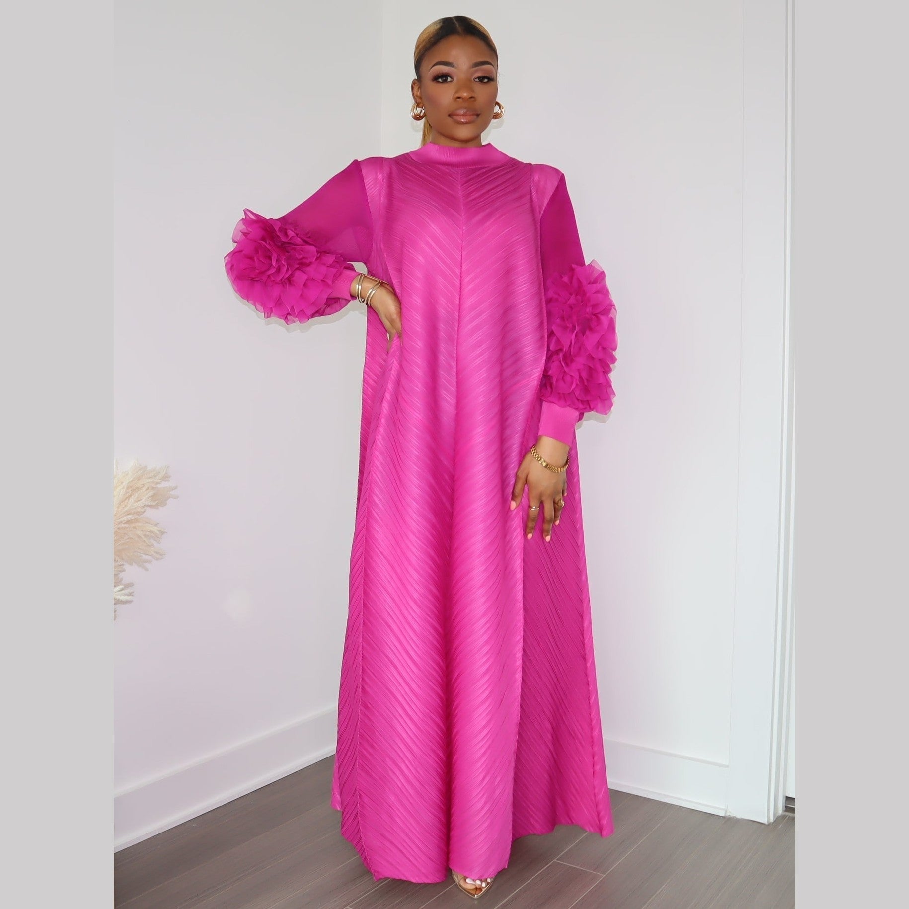 Cece Pleated Bat-Sleeve Maxi Dress