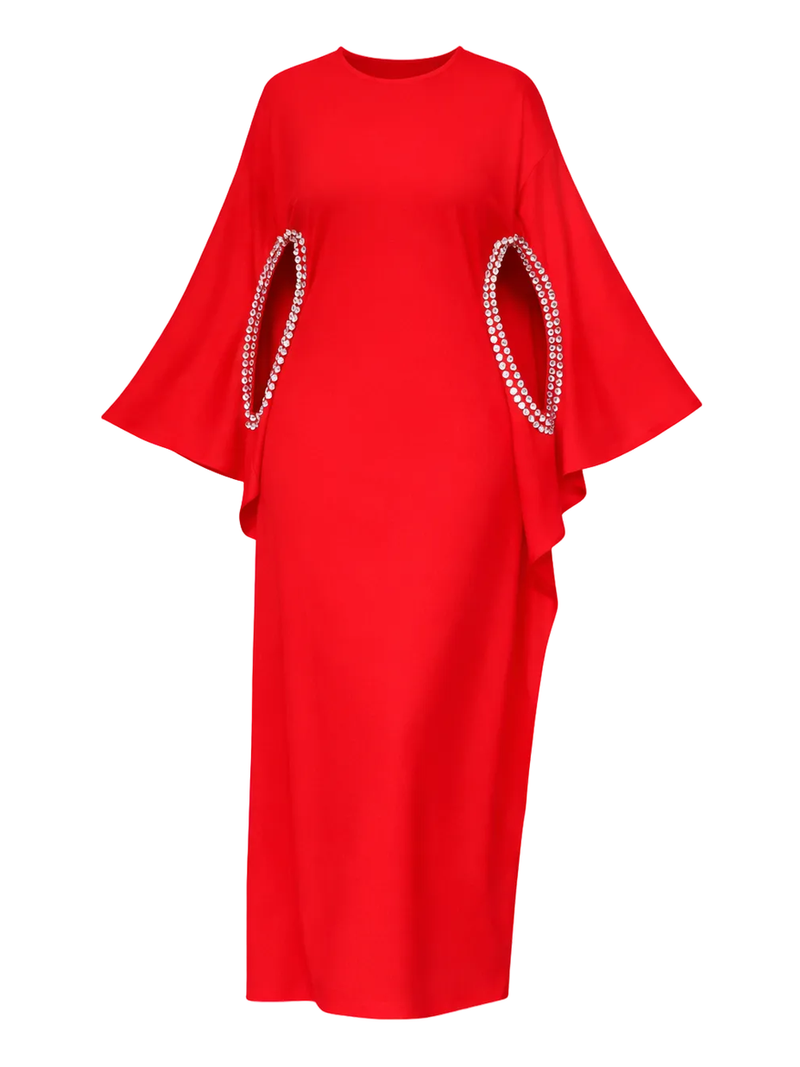 Adrienne Rhinestone Detail Crepe Dress – Red