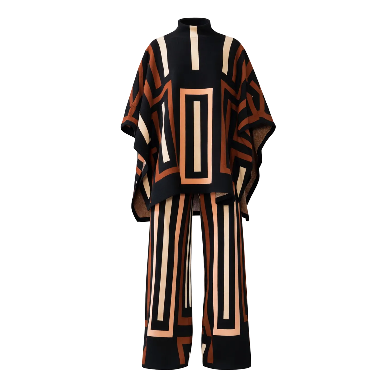Geometric Poncho Top & Wide-Leg Pants Set – Multicolor