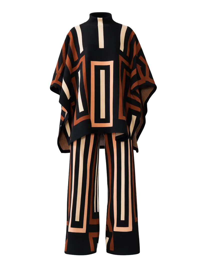 Geometric Poncho Top & Wide-Leg Pants Set – Multicolor