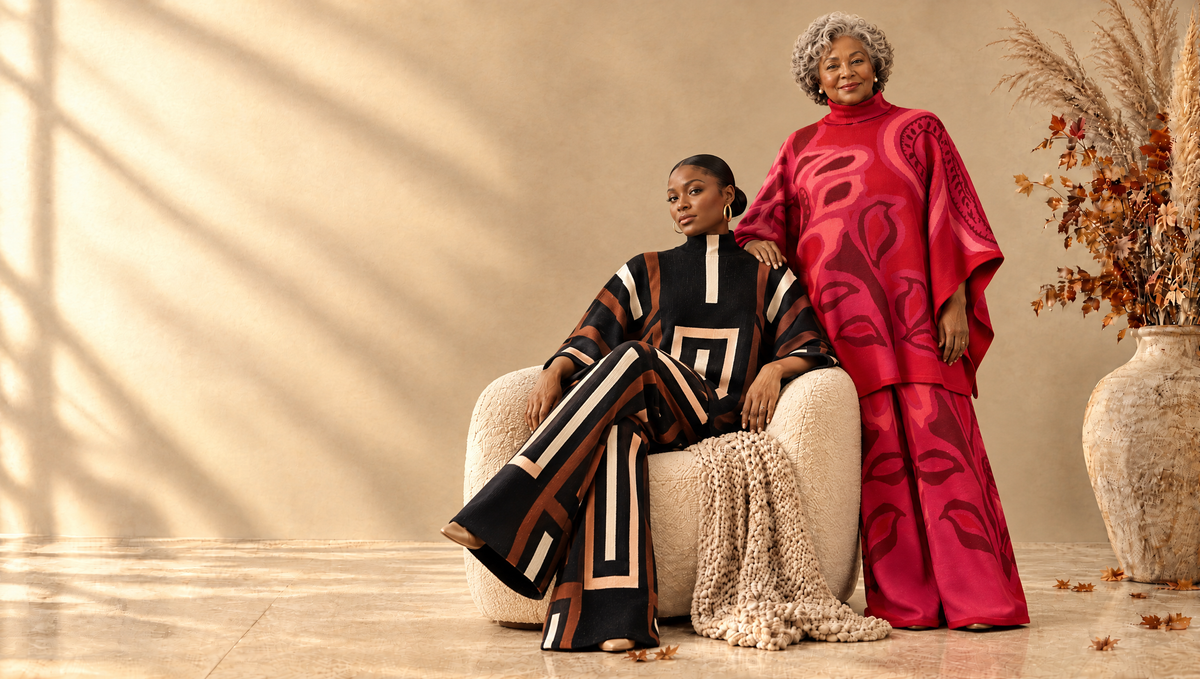 Two women in the Viola knit poncho and wide-leg pants sets, one seated in brown and one standing in pink, in a warm fall studio