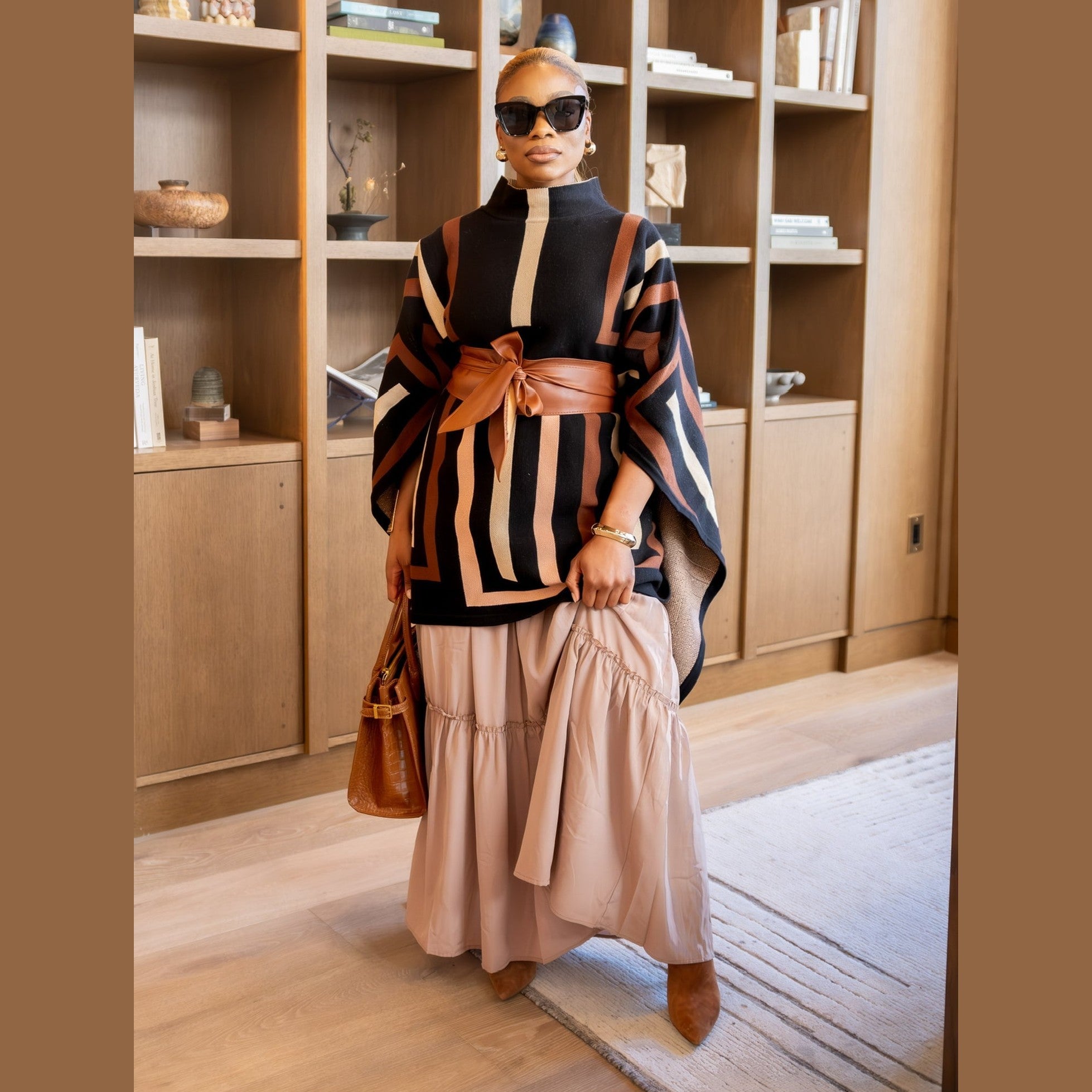 Geometric Poncho Top & Wide-Leg Pants Set – Multicolor