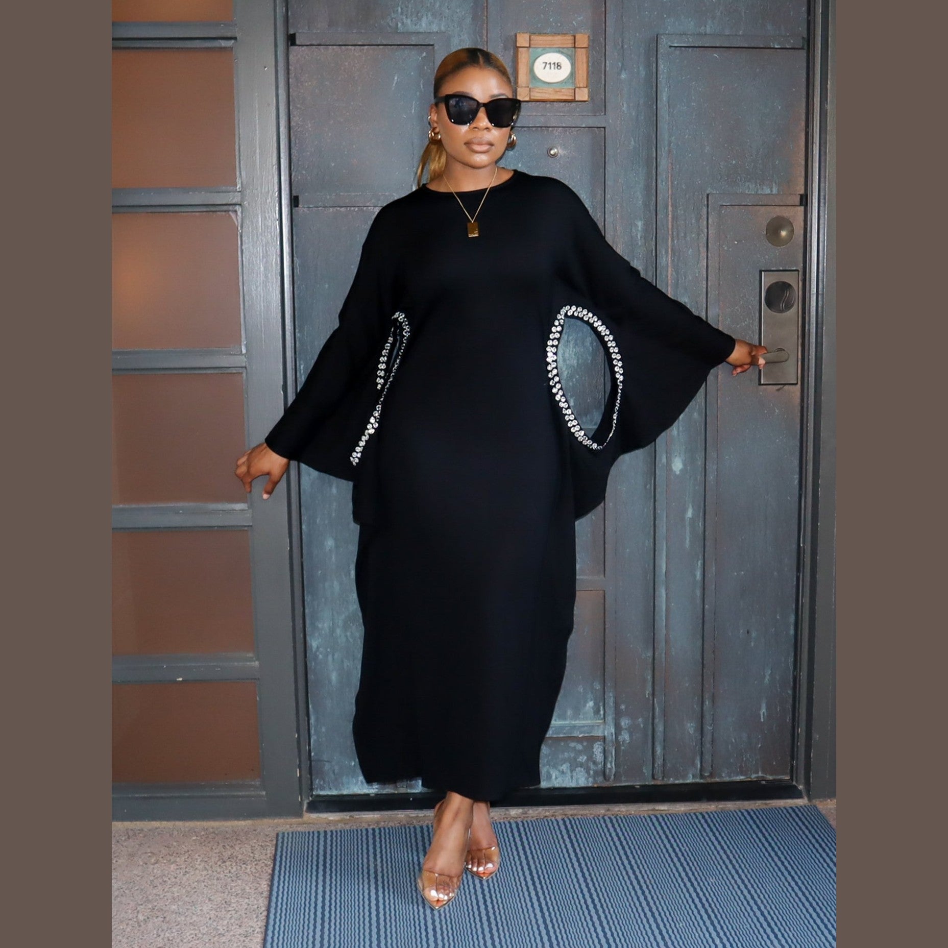 Adrienne Rhinestone Detail Crepe Dress