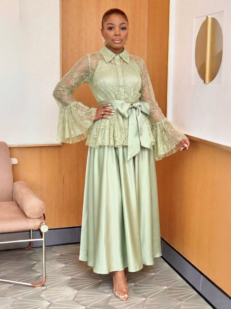 Black Lace Blouse & Satin Skirt Set