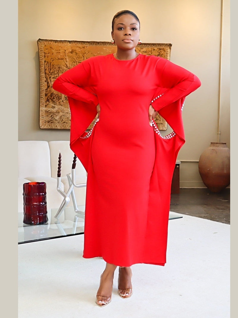 Adrienne Rhinestone Detail Crepe Dress – Red Red / L