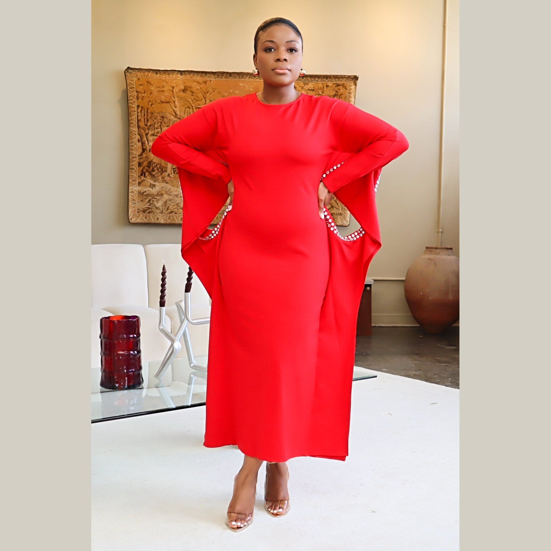 Adrienne Rhinestone Detail Crepe Dress – Red