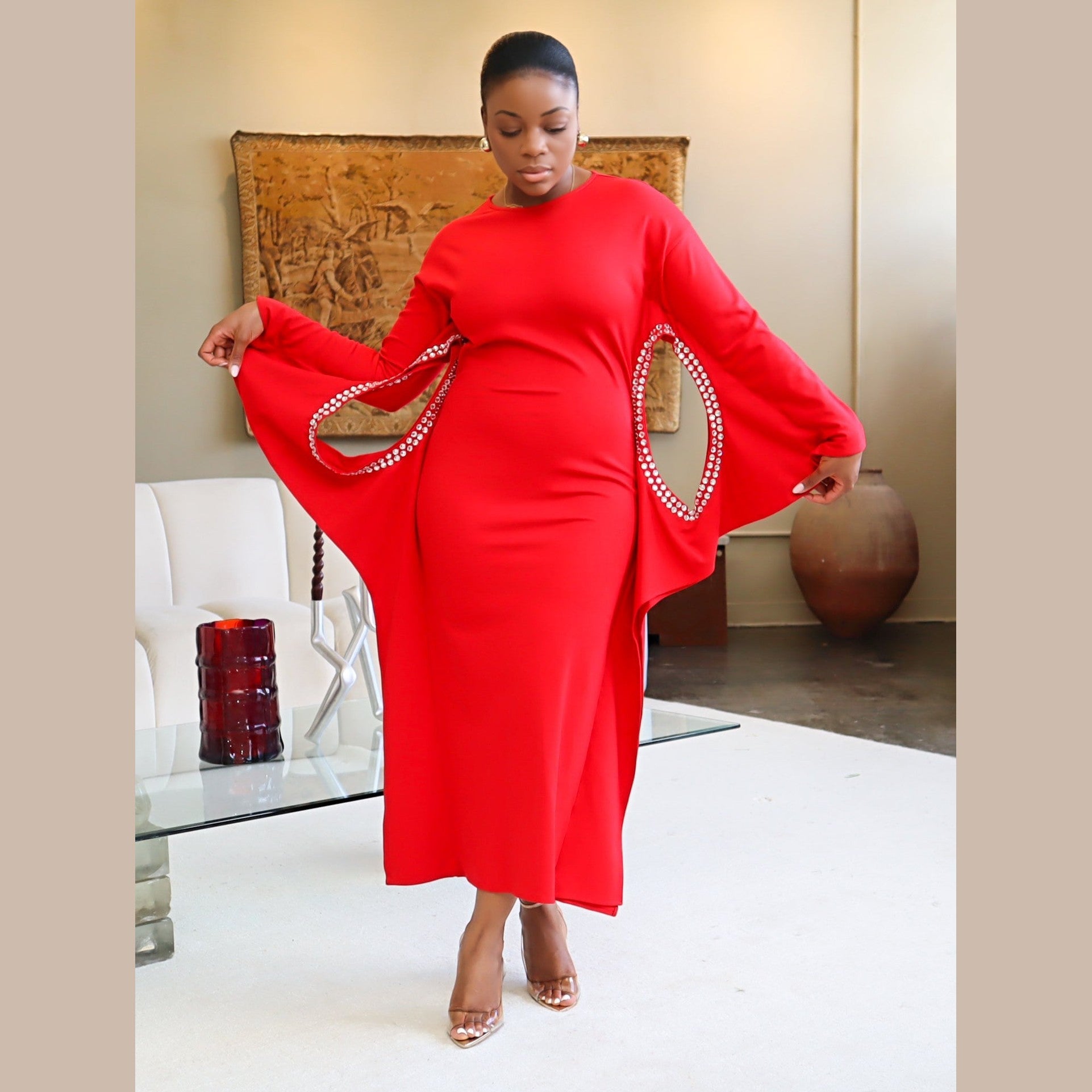 Adrienne Rhinestone Detail Crepe Dress – Red