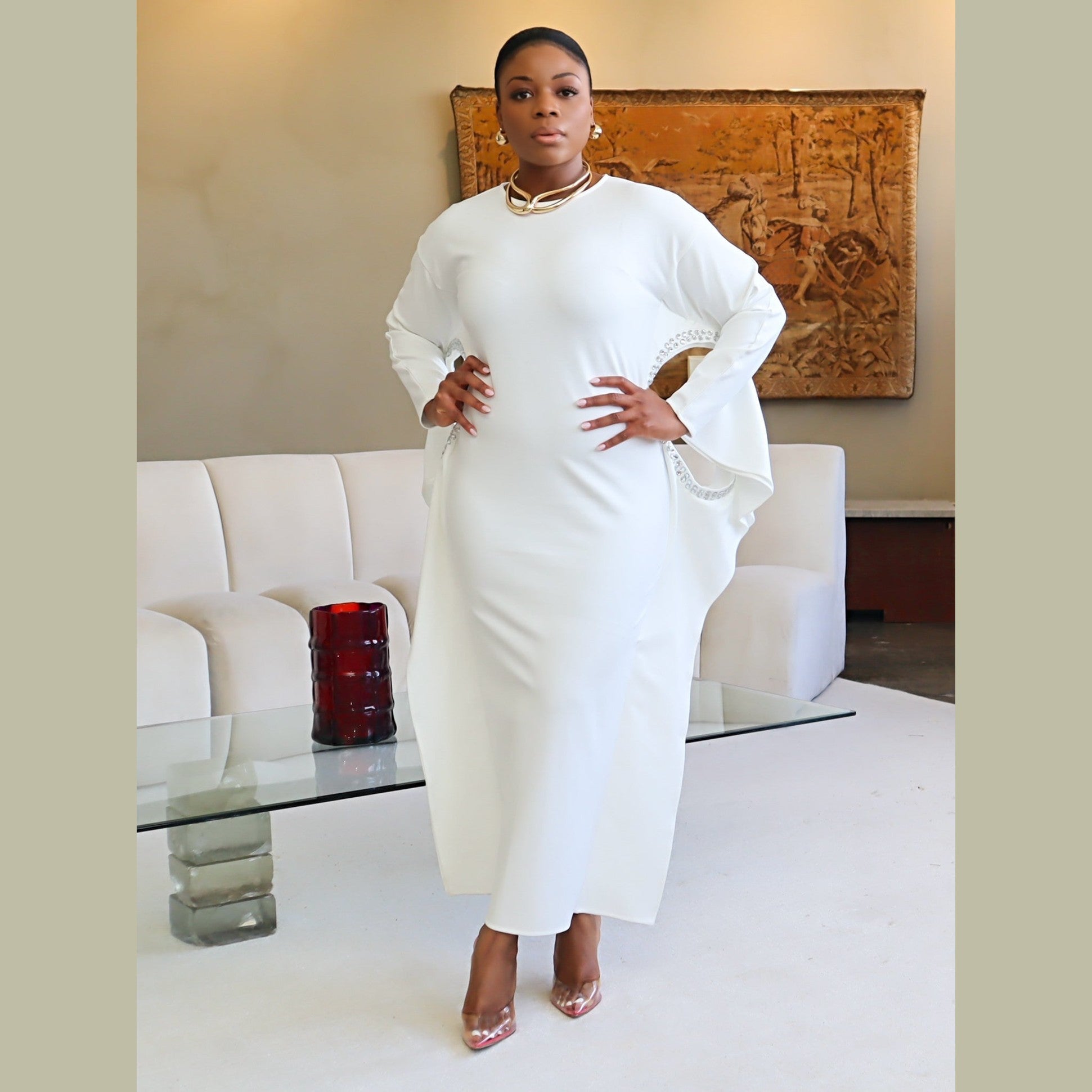 Adrienne Rhinestone Detail Crepe Dress