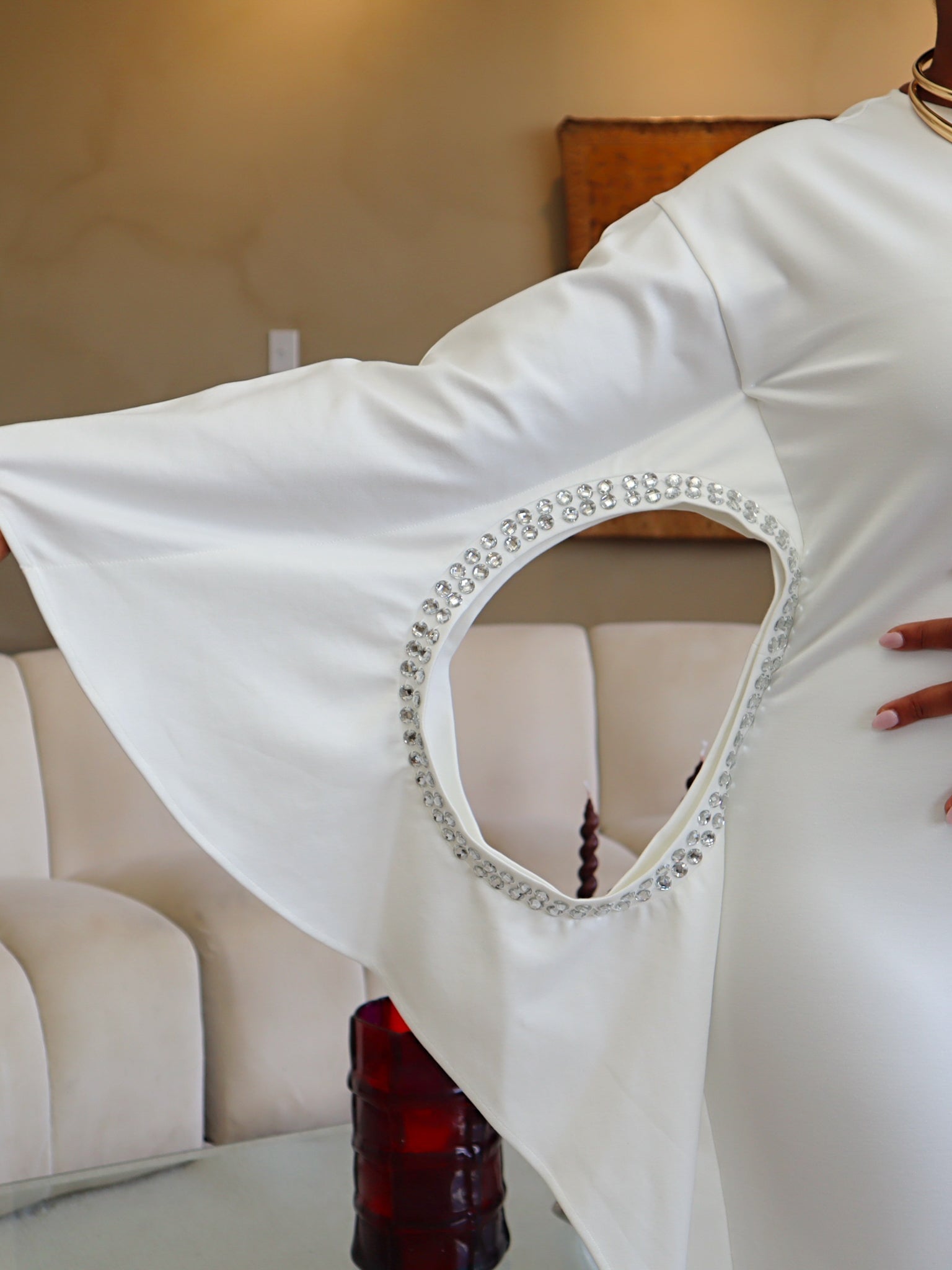 Adrienne Rhinestone Crepe Dress (Off-White)