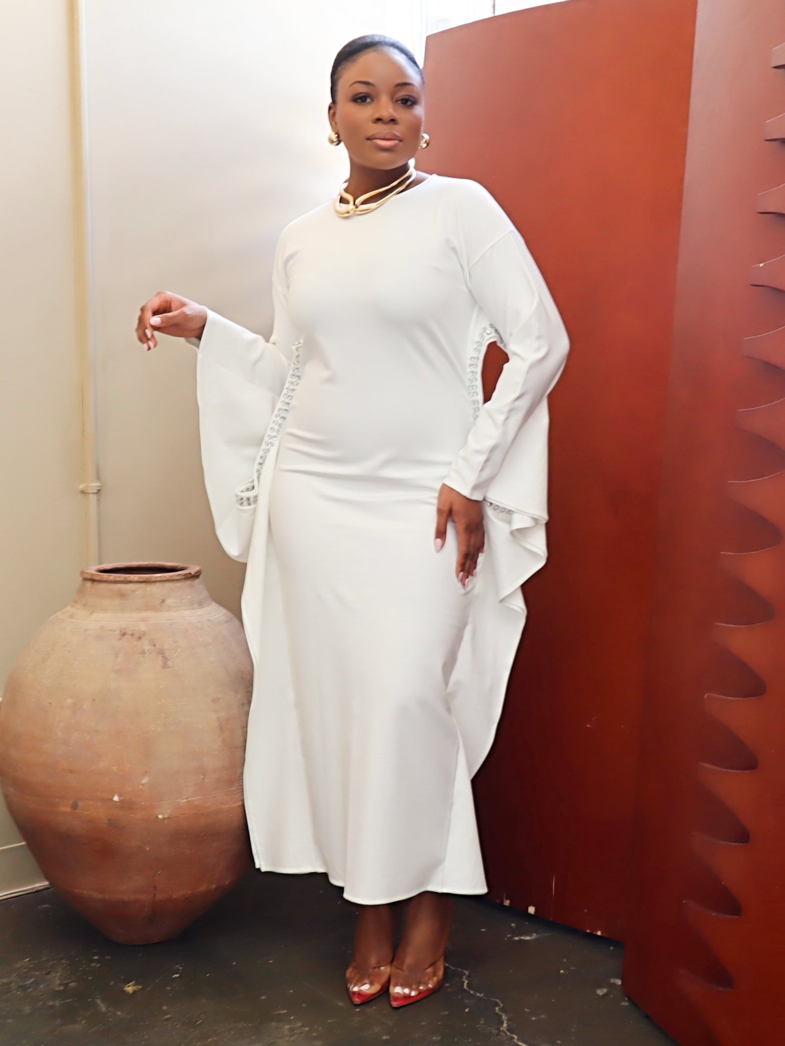 Adrienne Rhinestone Crepe Dress (Off-White)