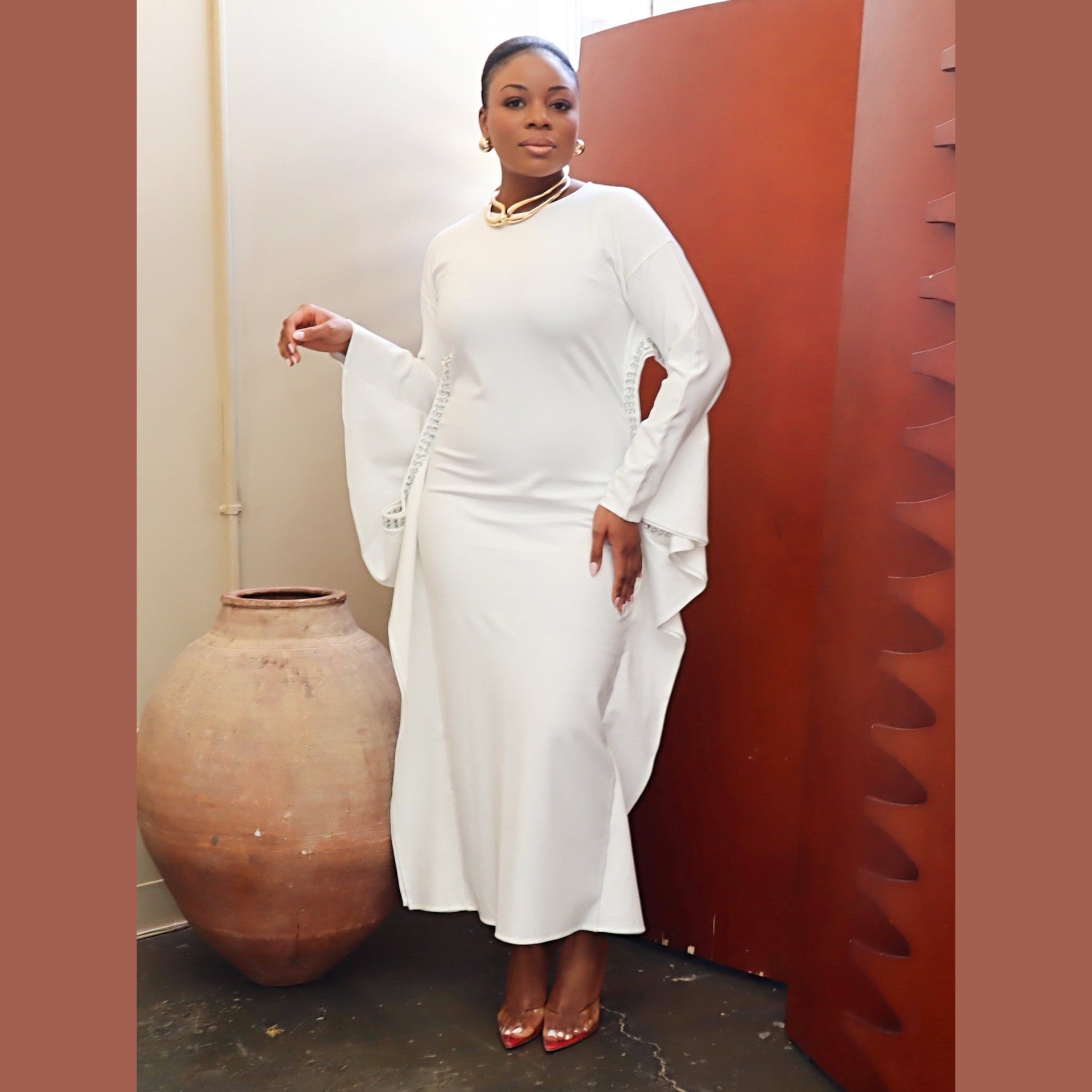 Adrienne Rhinestone Detail Crepe Dress