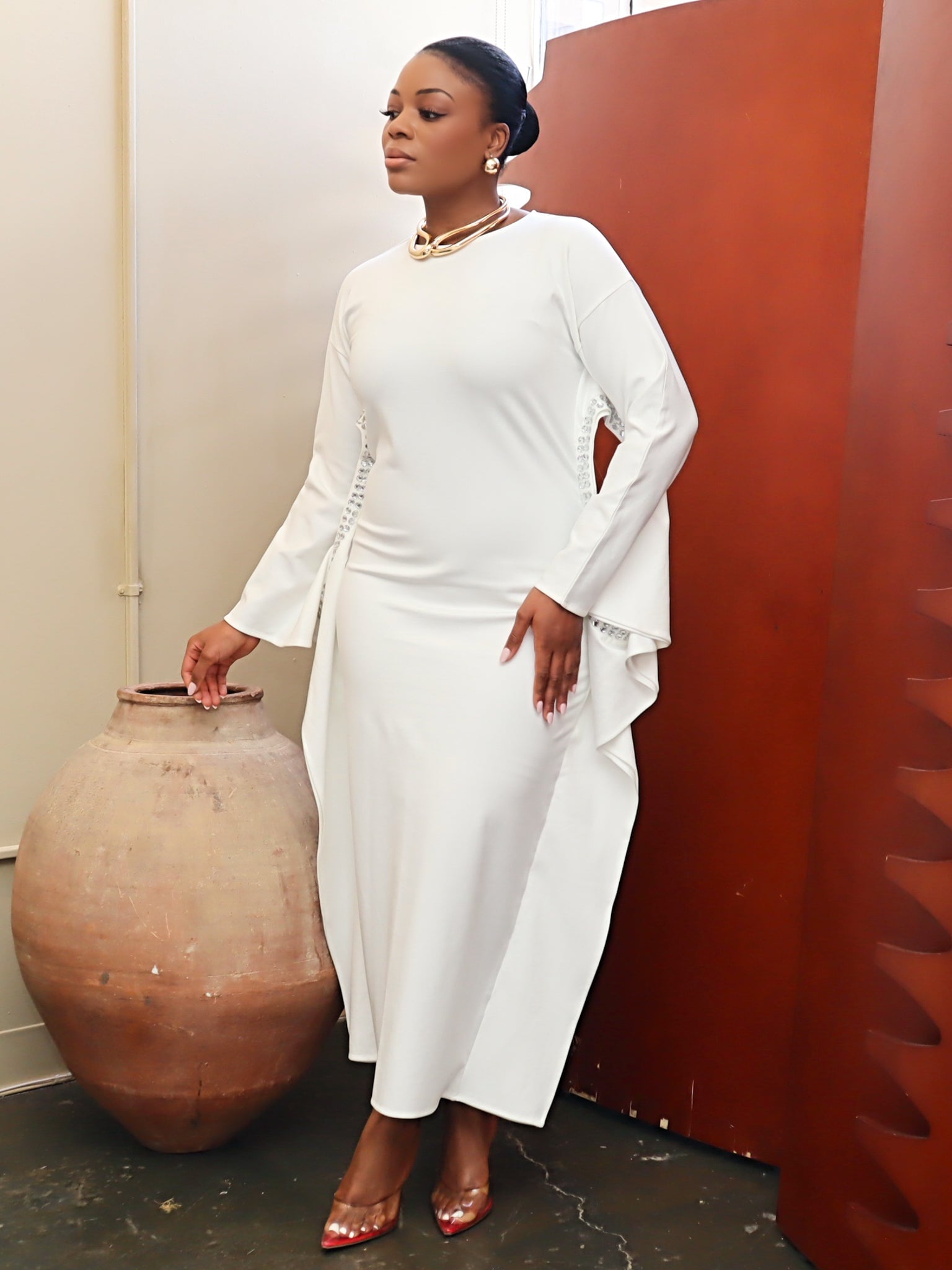 Adrienne Rhinestone Crepe Dress (Off-White)