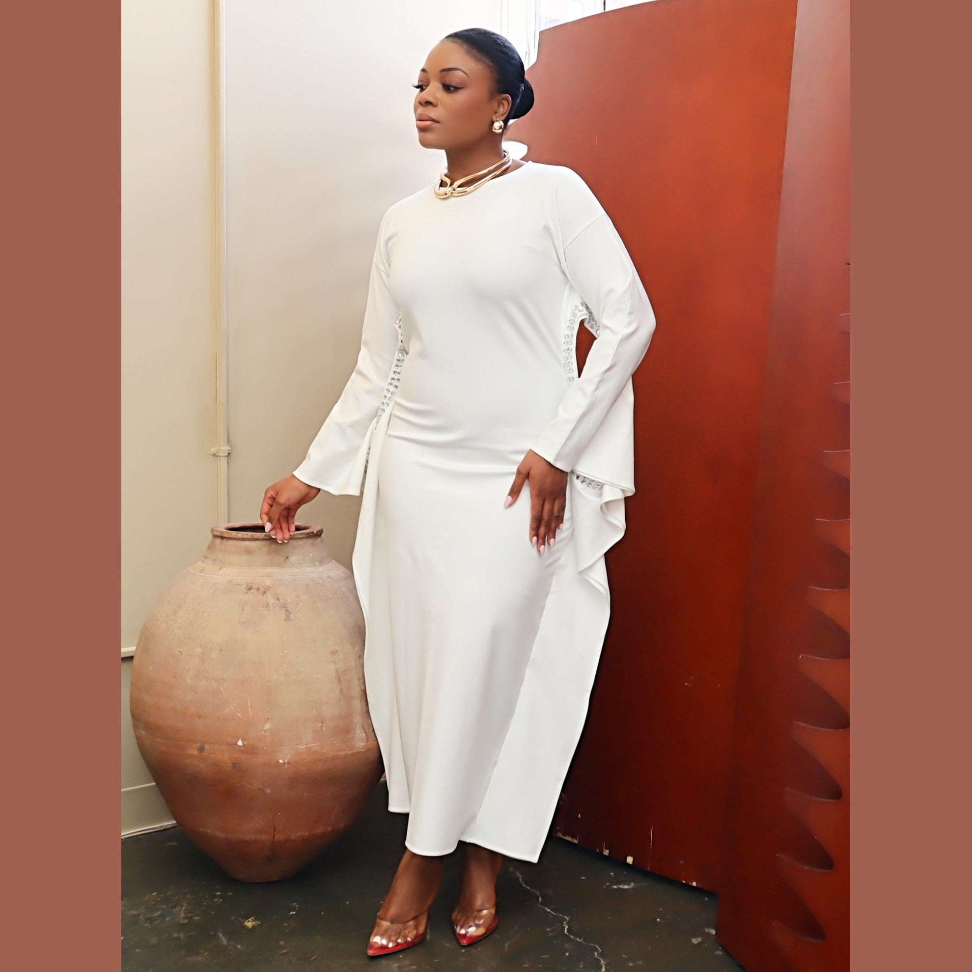 Adrienne Rhinestone Detail Crepe Dress