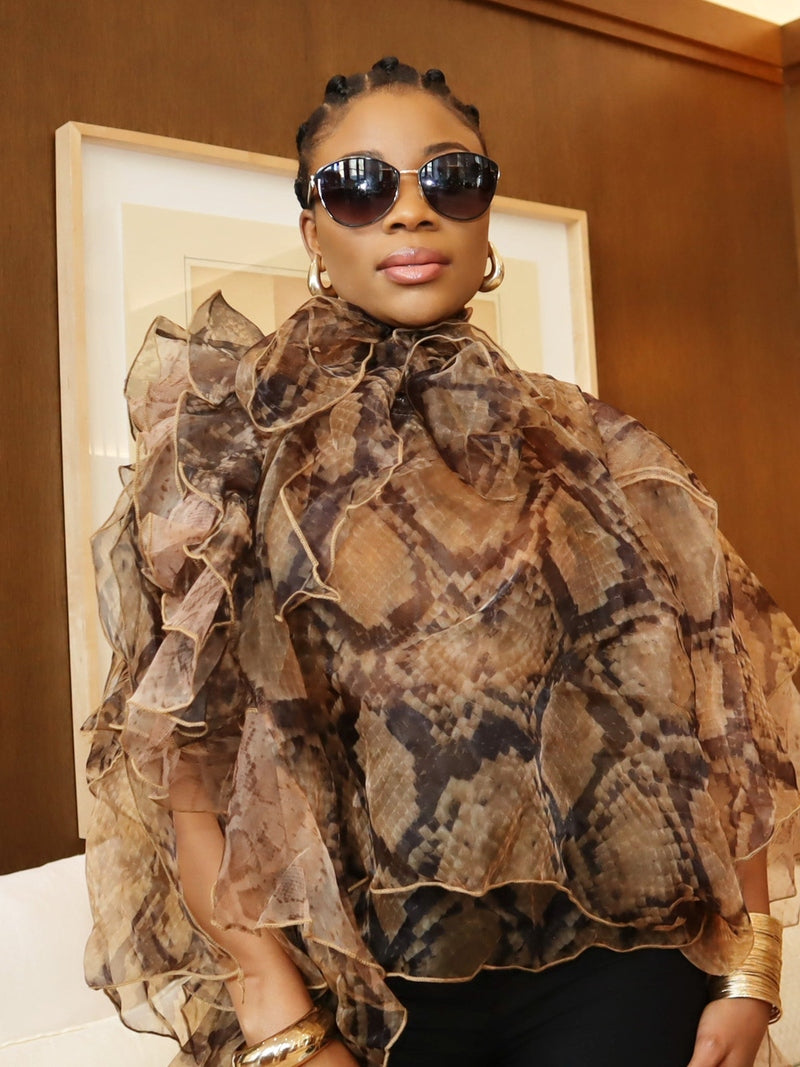 Suki Sheer Snake Print Ruffle Blouse with High Neck