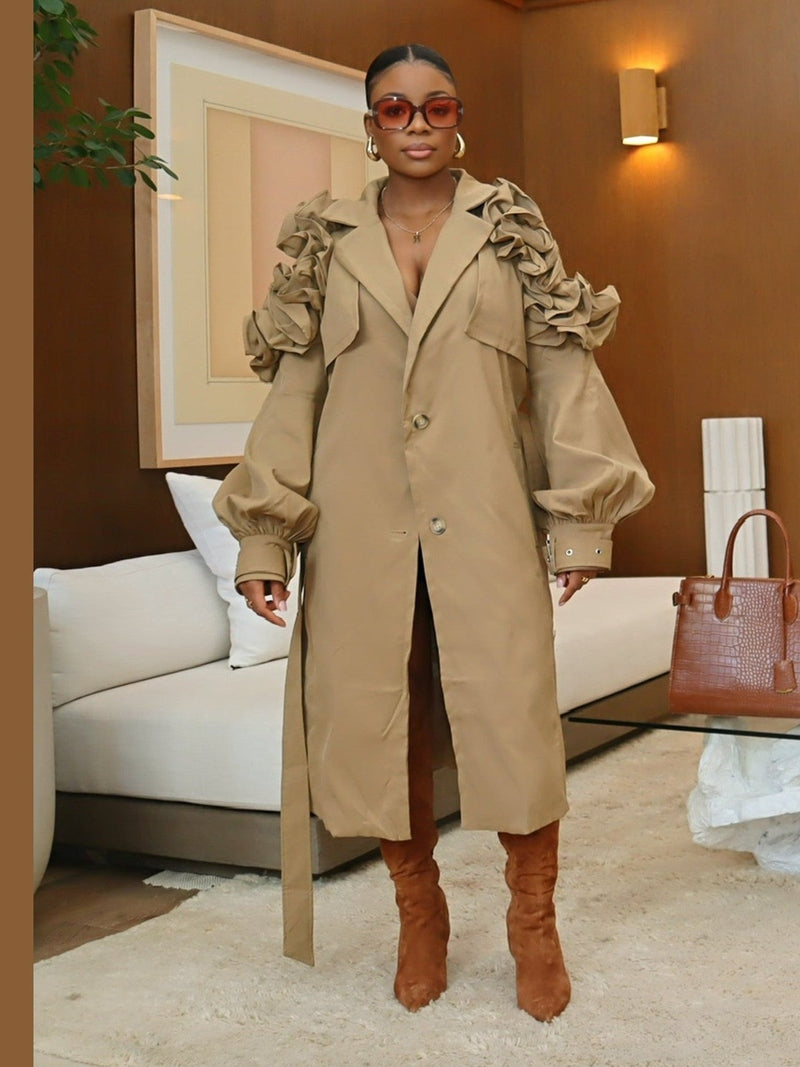 Ruffled Trench Coat – Midi Length